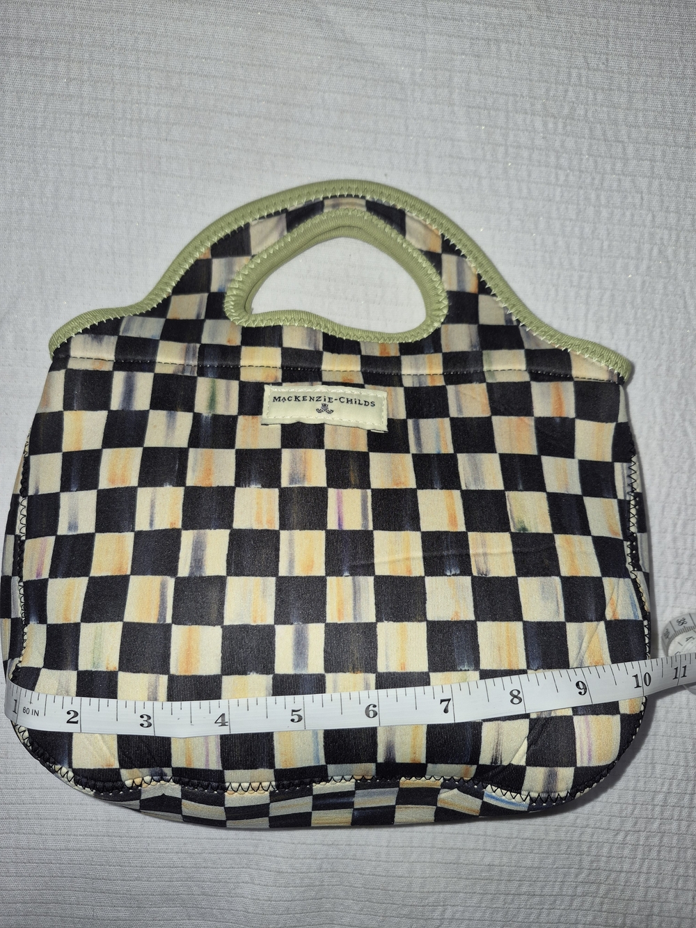 MacKenzie-Childs Black and Cream Checkerboard Lunch Bag with Pale Green Trim